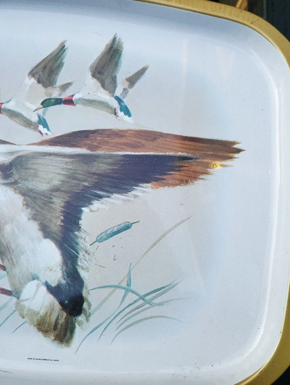 Vintage Mallard Duck Woodland  Metal Serving Decorative Tray Made In Japan